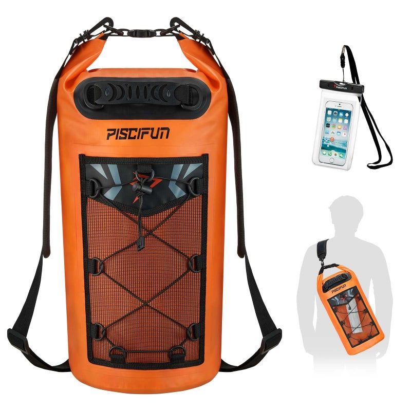 Piscifun Dry Bag, Waterproof Floating Backpack 20L with Waterproof Phone Case for Boating, Kayaking, Fishing, Orange 20L - Image 1